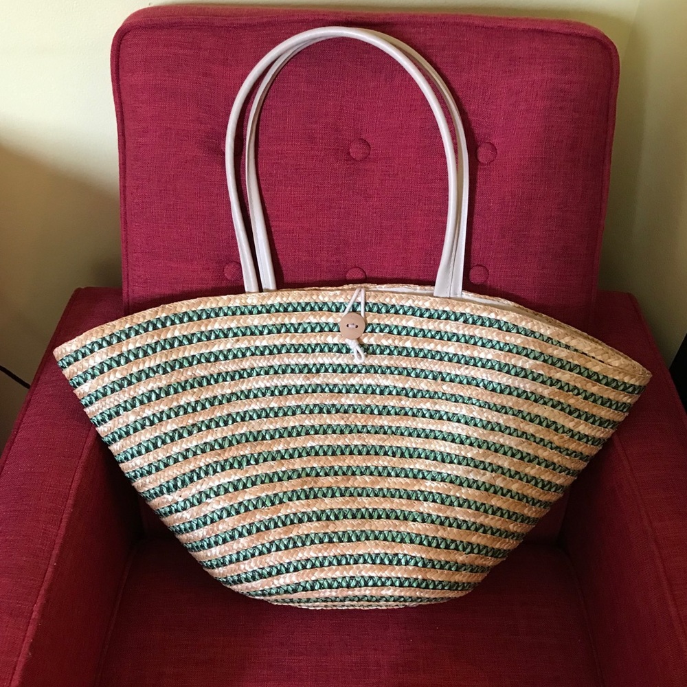 Green and Natural Straw Striped Tote Bag